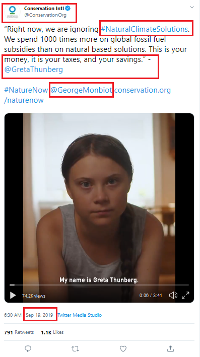 September 19, 2019: Conservation International promoting Thunberg-Monbiot film with #NaturalClimateSolutions hashtag