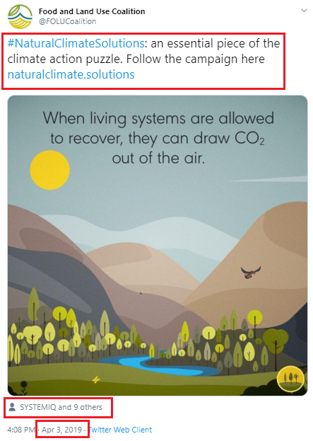 April 3, 2018, Food and Land Use Coalition promoting the freshly launched "Natural Climate Solutions" campaign and website. Tagged users included SYSTEMIQ, EAT, New Climate Economy, SDSN, Alliance for a Green Revolution in Africa (AGRA) WBCSD, IIASA, World Resources Institute, Unilever, and Yara International