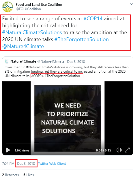 December 3, 2018: Food and Land Use Coalition promoting "natural climate solutions" and "The Forgotten Solution"