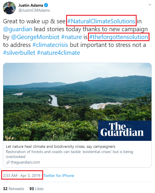 April 3, 2019: Justin Adams promotes Monbiot's project on the morning of its launch hashtag: #theforgottensolution