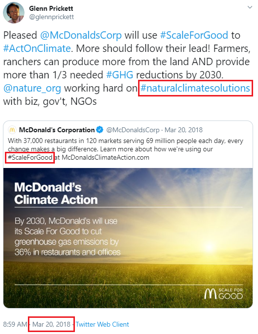 March 20, 2018: McDonald's corporation "working hard on #naturalclimatesolutions" 
