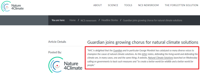 April 3, 2019, "Guardian joins growing chorus for natural climate solutions." Promotion of Monbiot's "Natural Climate Solutions", by Natural Climate Solutions "ally" Nature4Climate. Prior to April 3, 2019, the branding of "natural climate solutions" was already well-established by institutions, corporations and NGOs. Demonstrating solidarity to Nature4Climate, this tweet was "liked" by Monbiot