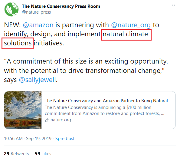 September 19, 2019: Amazon announces partnership with The Nature Conservancy for the implementation of "natural climate solutions" initiatives 