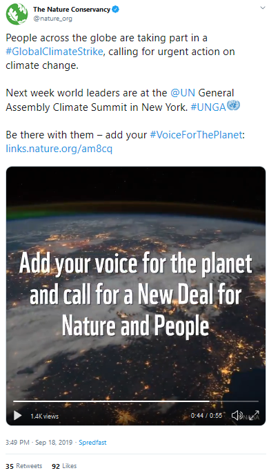 September 18, 2019: The Nature Conservancy promoting #GlobalClimateStrike in conjunction with the "New Deal For Nature and People" 