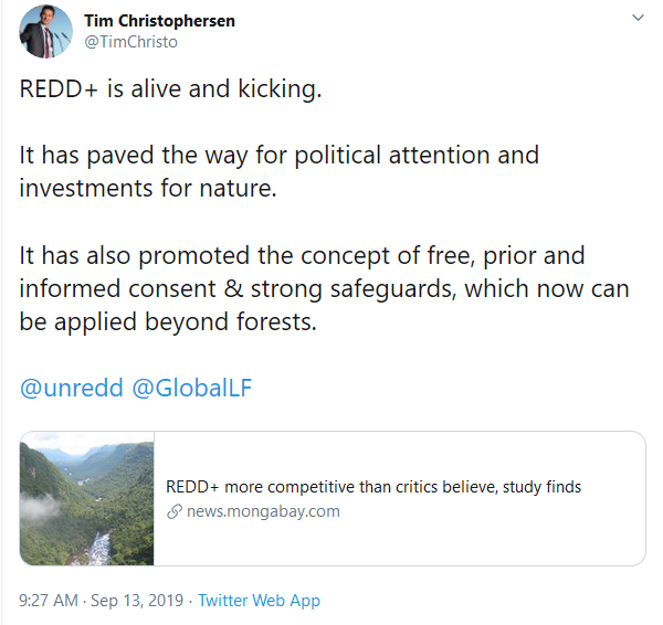 September 13, 2019, Twitter: Tim Christophersen coordinates the work on forests and climate change at the United Nations Environment Programme (UNEP), including UNEP’s role within the UN-REDD Programme, a collaborative initiative of the UN Food and Agriculture Organization (FAO), the UN Development Programme (UNDP) and UNEP 