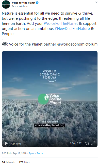 September 18, 2019, World Economic Forum, partner to the United Nations and Voice For The Planet, promoting the #NewDealForNature (created by WEF and WWF)