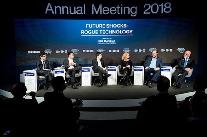 January 25, 2018, Davos, "Future Shocks: Rogue Technology in the Fourth Industrial Revolution": "Nicholas Thompson, Editor-in-Chief, Wired Magazine; Marcus Souza, Secretary of Innovation and New Business, Ministry of Industry, Foreign Trade and Service of Brazil; Feng Zhang, James and Patricia Poitras Professor in Neuroscience, Massachusetts Institute of Technology (MIT); Mary Cummings, Director, Humans and Autonomy Lab (HAL), Duke University; Marc Benioff, chairman and CEO, Salesforce; Peter Thomson, United Nations Special Envoy for the Ocean" [Source: Salesforce]