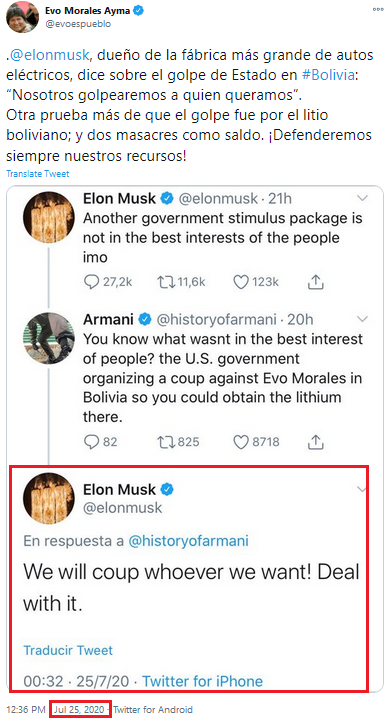 Musk on Twitter, July 25, 2020: ""We will coup whoever we want! Deal with it."